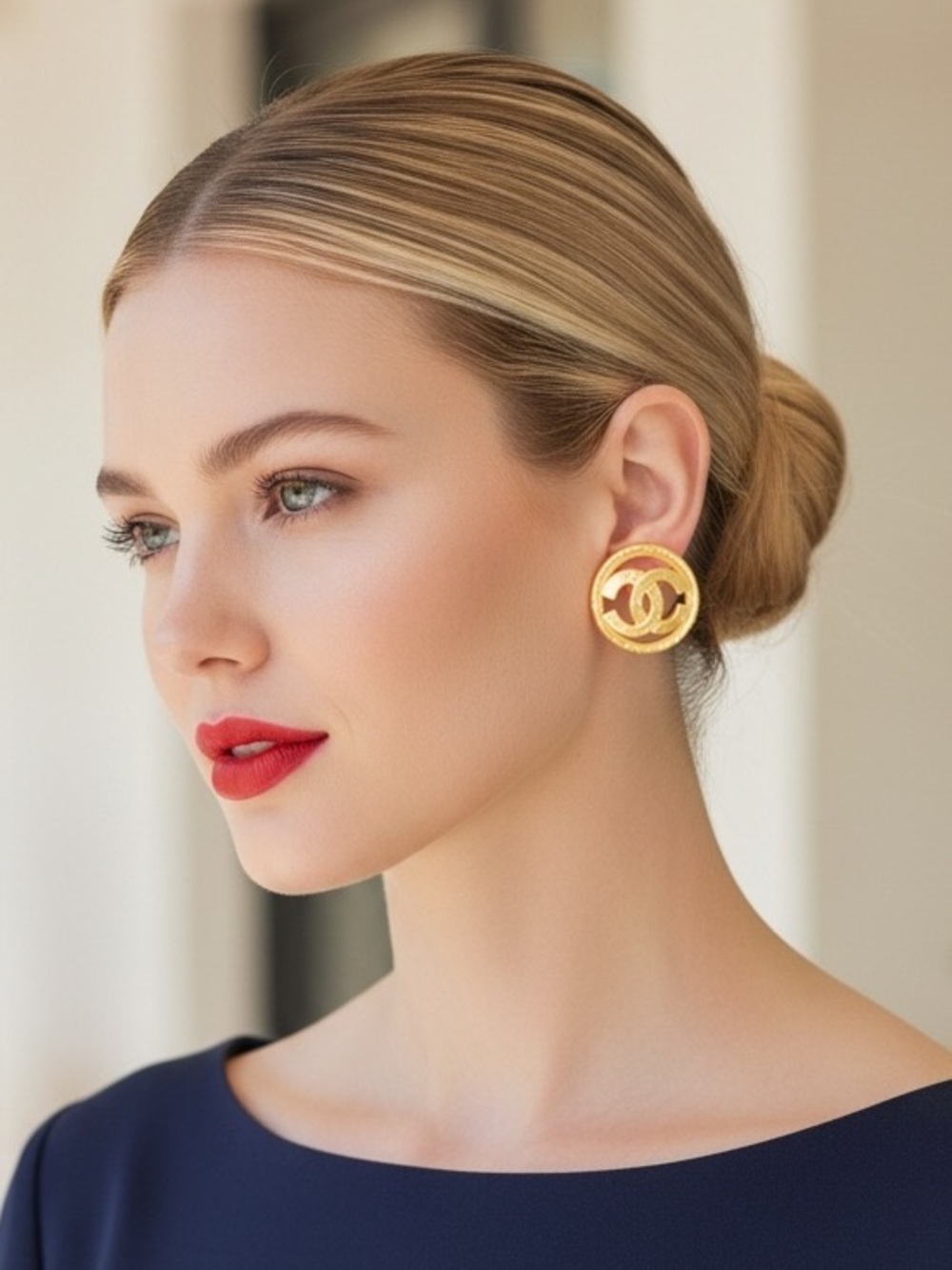 CHANEL Vintage Gold Plated Double C Round Clip-On Logo Earrings